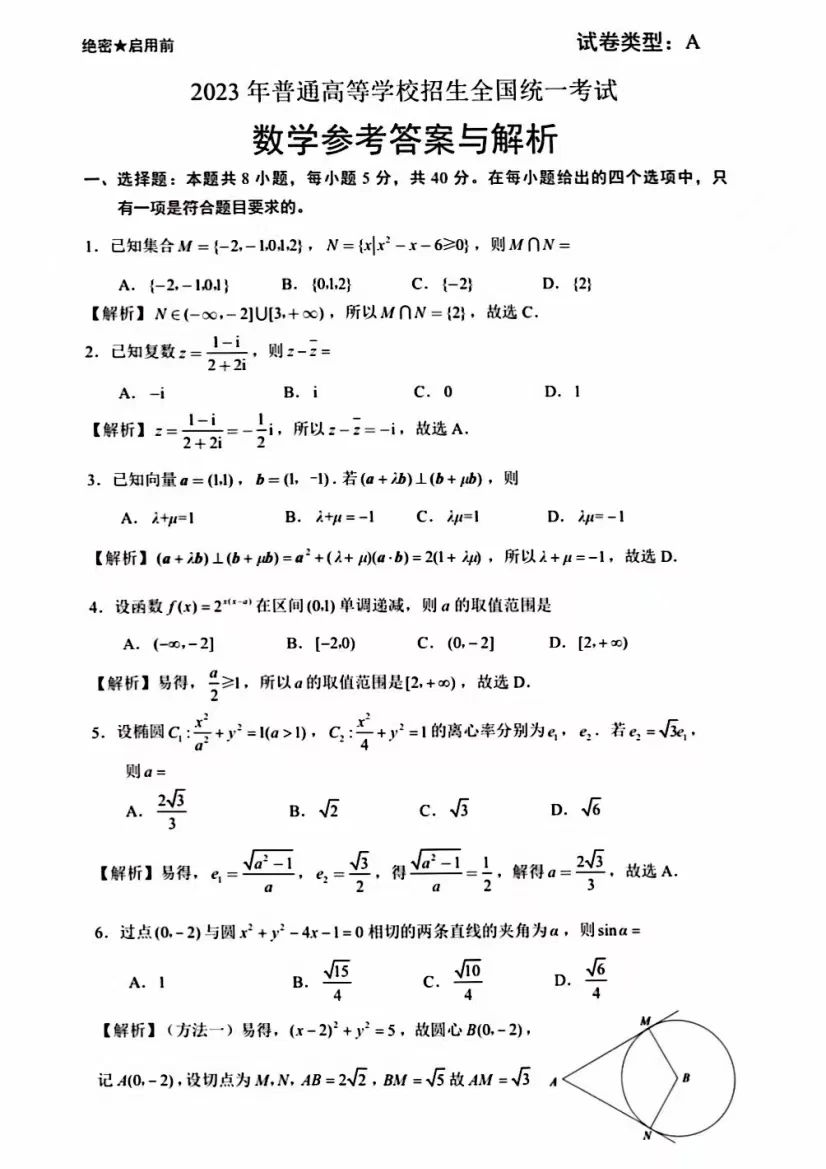 2023年高考数学新课标1卷真题图片